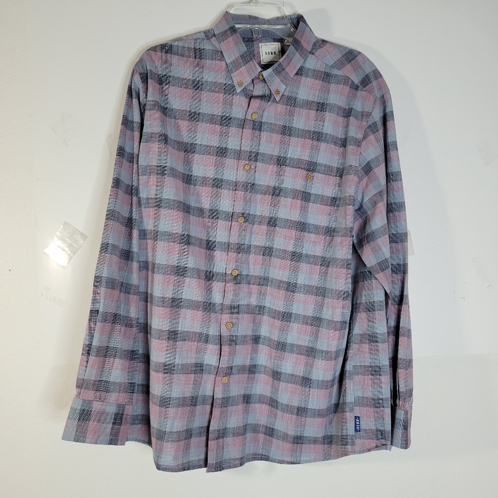 Mens ROWM Long Sleeve 100% Cotton Gray/pink/black Button front Shirt size XL - Picture 1 of 12